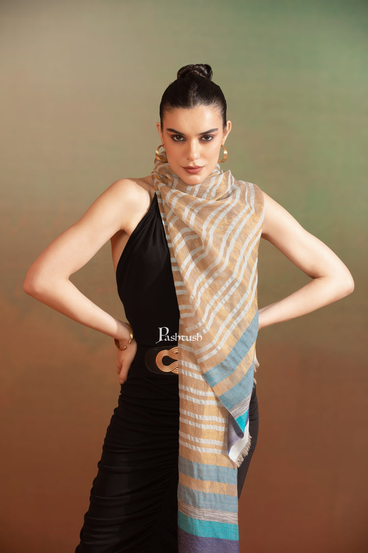 Pashtush India Womens Stoles and Scarves Scarf Pashtush Womens Extra Fine Wool Stole, Twilight Collection, Shimmery Weave Design, Beige And Gold