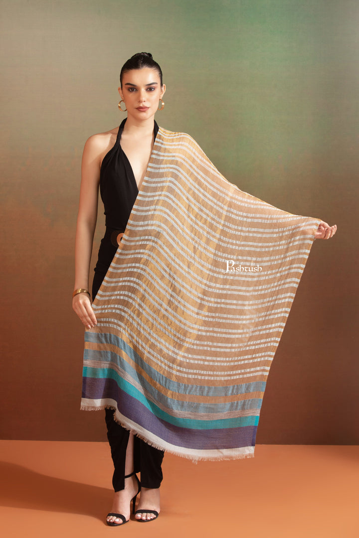 Pashtush India Womens Stoles and Scarves Scarf Pashtush Womens Extra Fine Wool Stole, Twilight Collection, Shimmery Weave Design, Beige And Gold