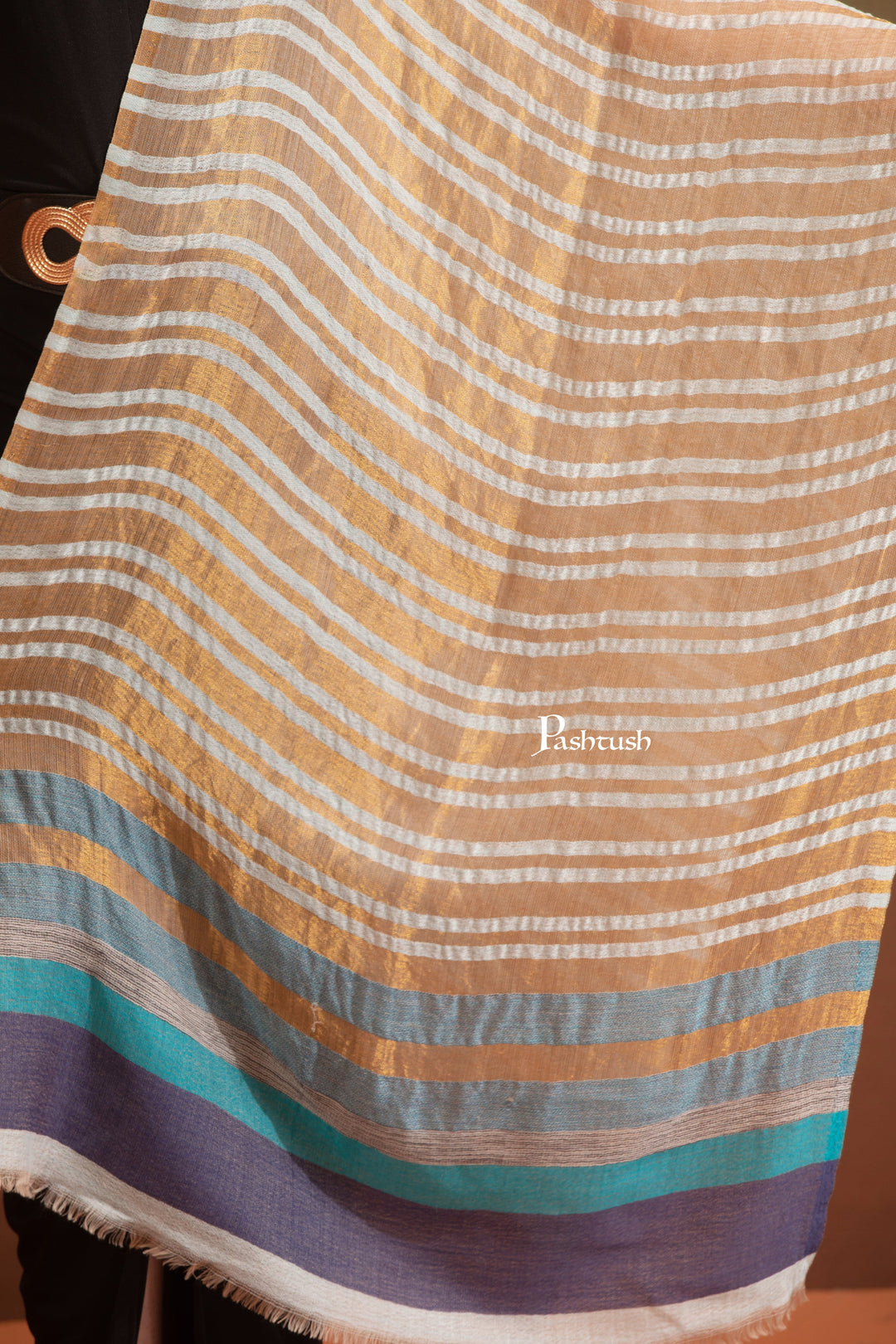 Pashtush India Womens Stoles and Scarves Scarf Pashtush Womens Extra Fine Wool Stole, Twilight Collection, Shimmery Weave Design, Beige And Gold