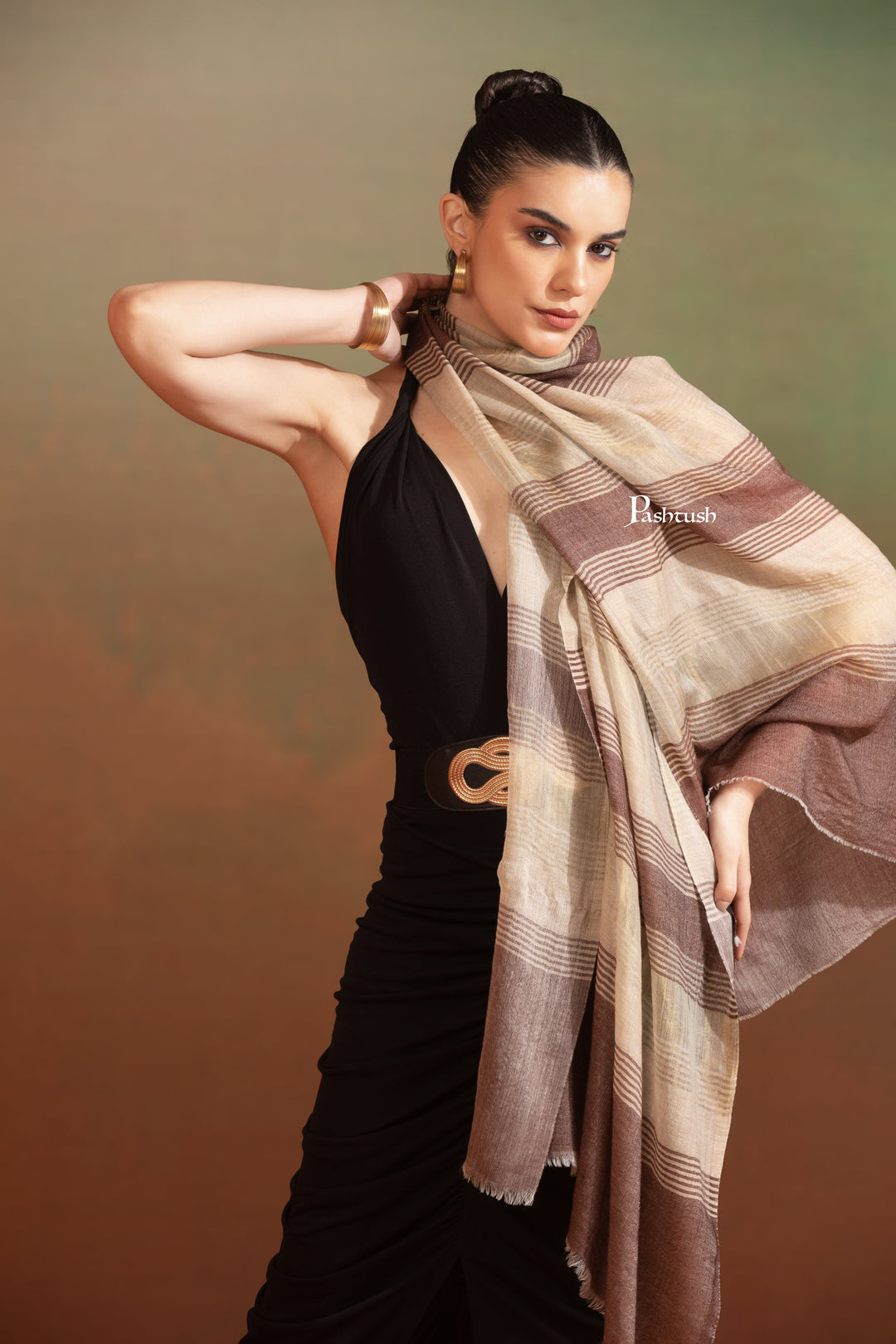 Pashtush India Womens Stoles and Scarves Scarf Pashtush Womens Extra Fine Wool Stole, Twilight Collection, Shimmery Weave Design, Espresso Brown