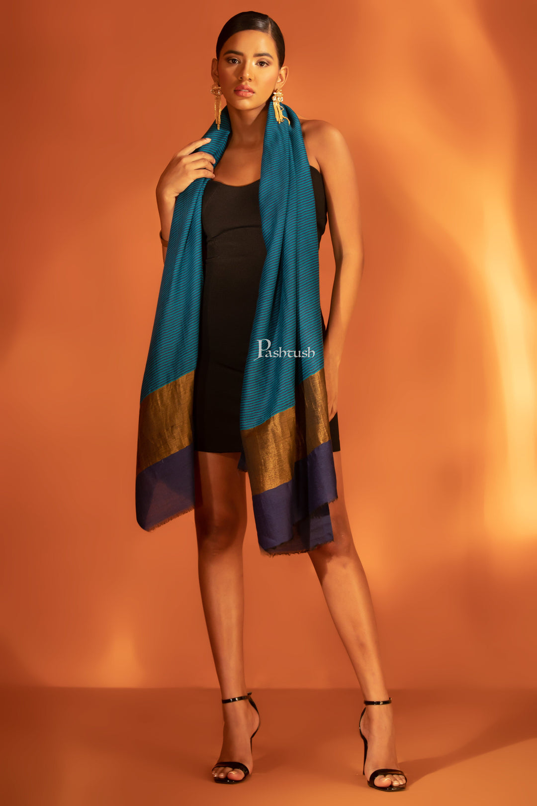 Pashtush India womens scarf and Stoles Pashtush Womens Extra Fine Wool Stole, Twilight Collection, Striped Gold Design, Royal Blue