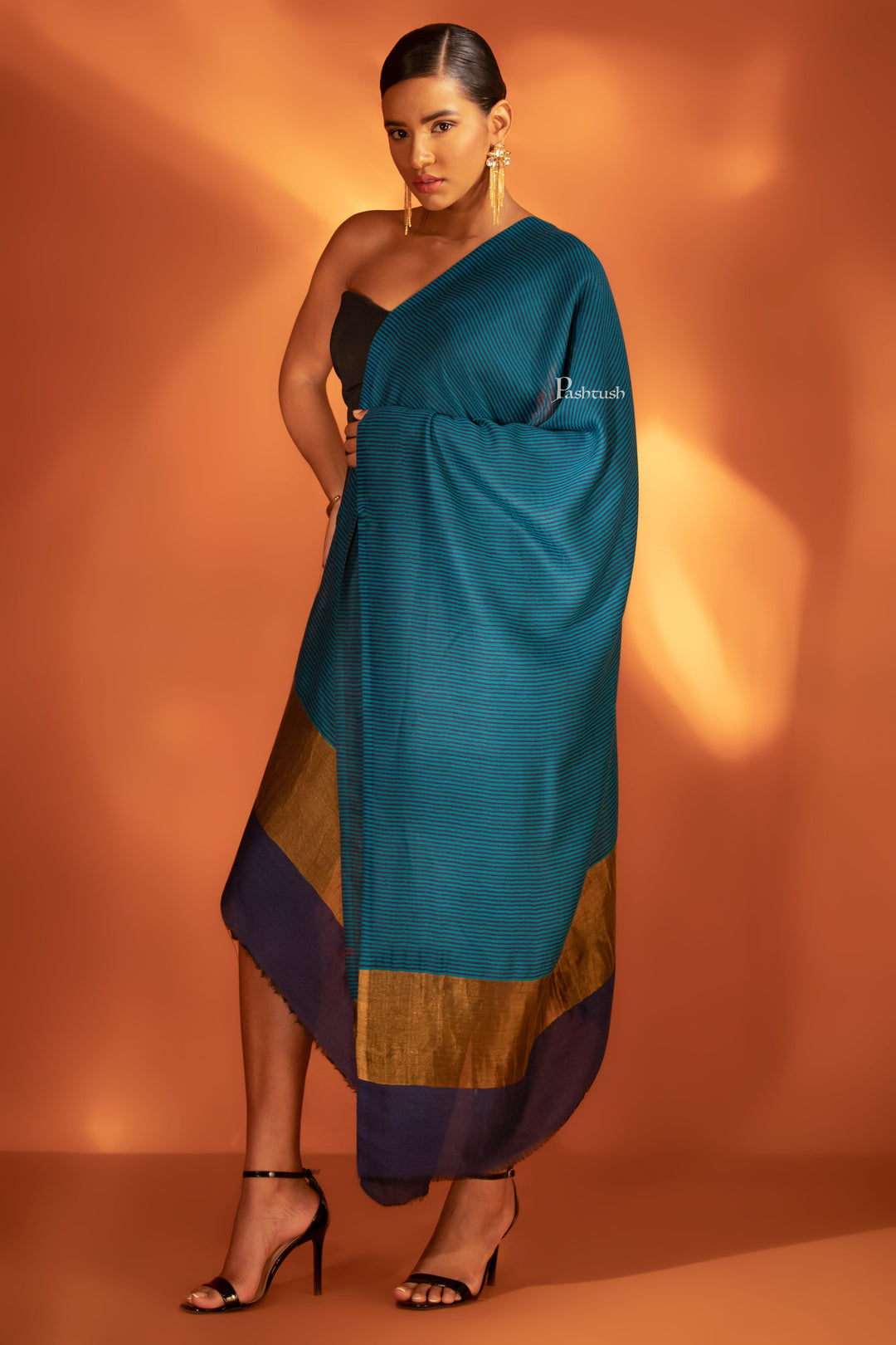 Pashtush India womens scarf and Stoles Pashtush Womens Extra Fine Wool Stole, Twilight Collection, Striped Gold Design, Royal Blue