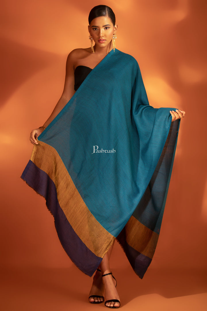 Pashtush India womens scarf and Stoles Pashtush Womens Extra Fine Wool Stole, Twilight Collection, Striped Gold Design, Royal Blue