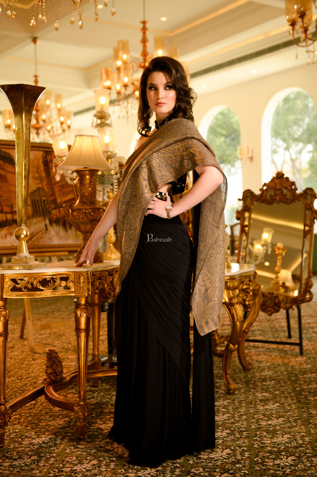 Pashtush India Womens Stoles and Scarves Scarf Pashtush Womens Extra Fine Wool Stole, Twilight Reversible Design, Dark Grey