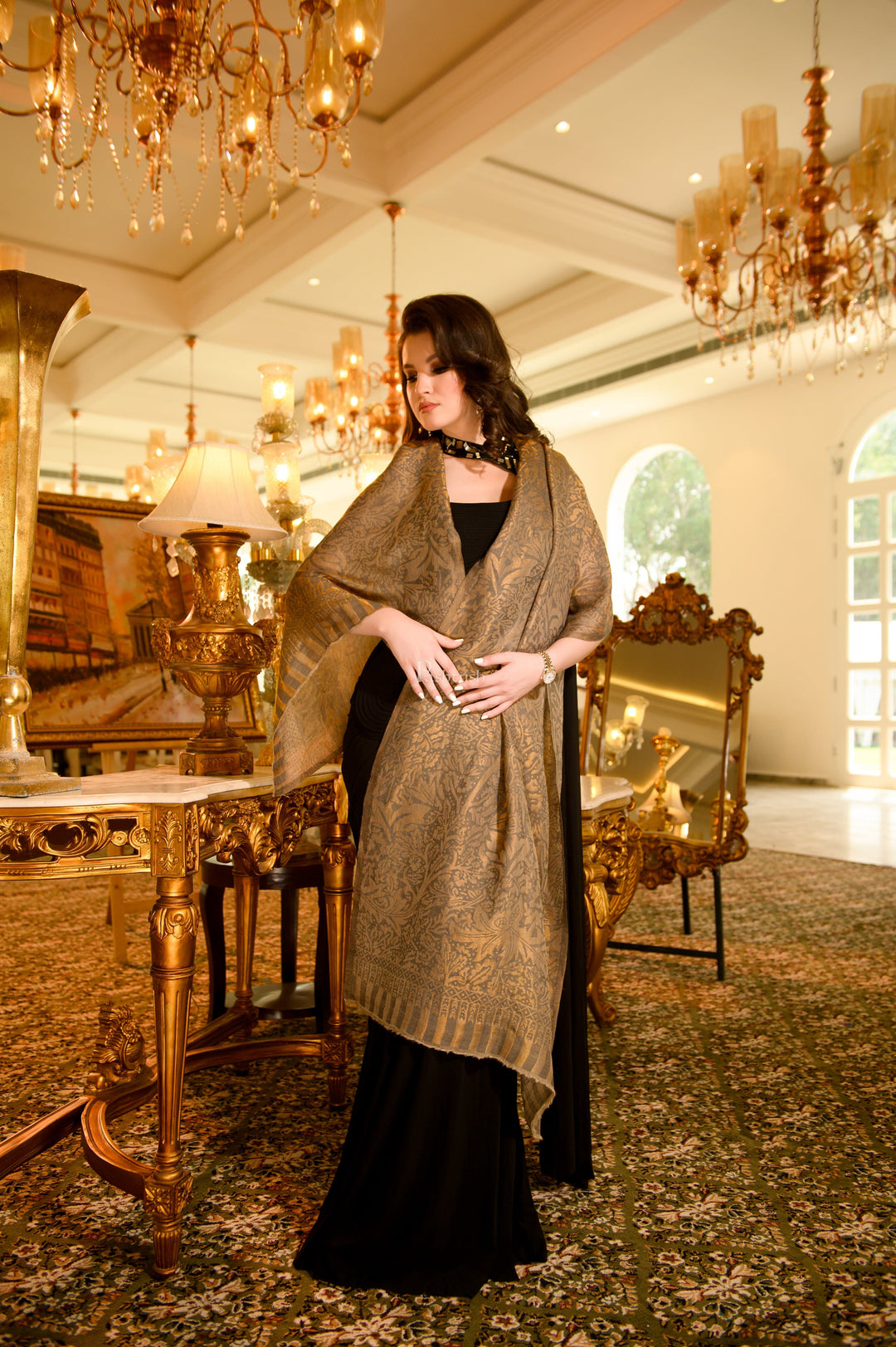 Pashtush India Womens Stoles and Scarves Scarf Pashtush Womens Extra Fine Wool Stole, Twilight Reversible Design, Dark Grey