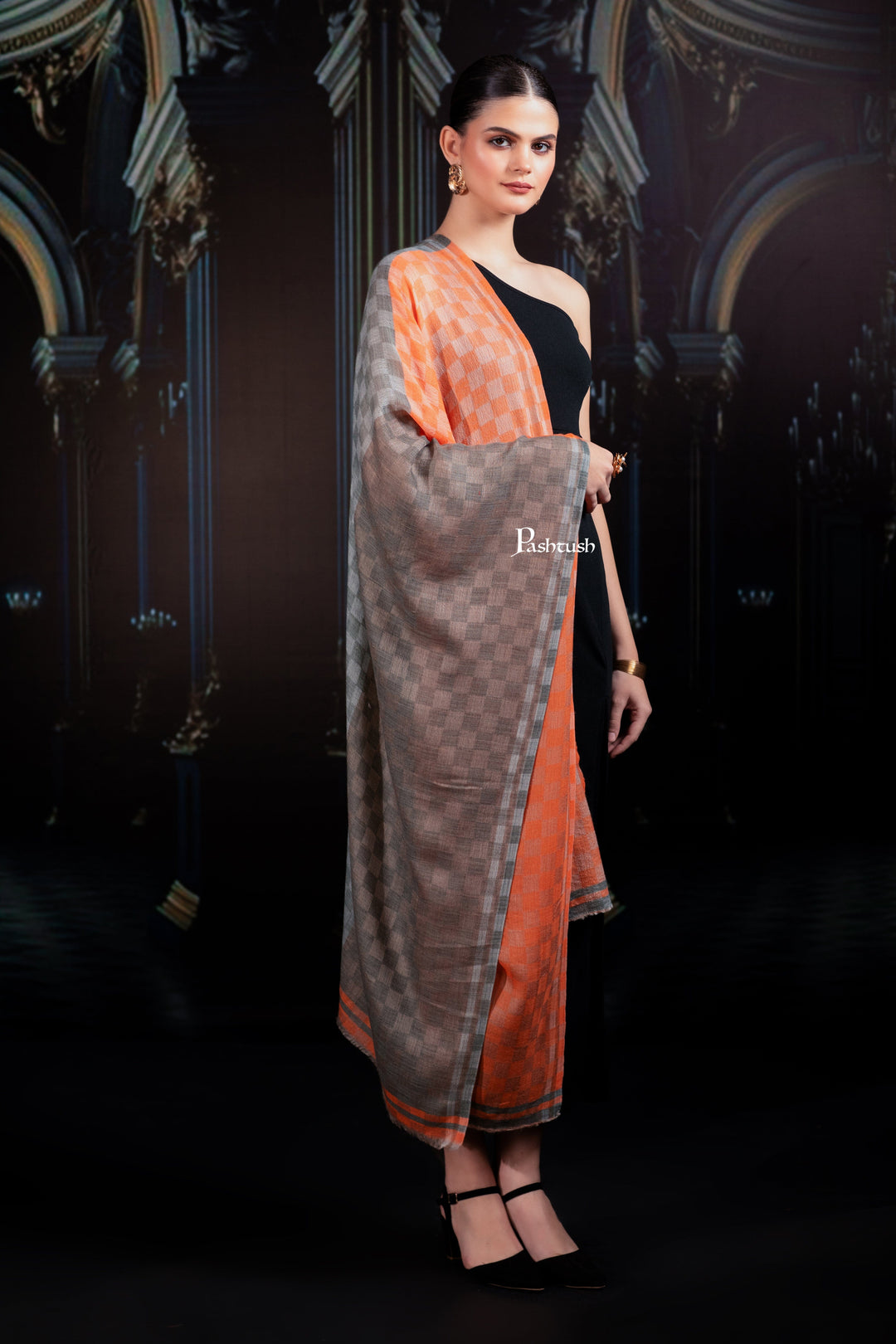 Pashtush India Womens Shawls Pashtush Womens Extra Fine Wool Stole, Twin Colour Weave Checkered Design, Amber And Grey