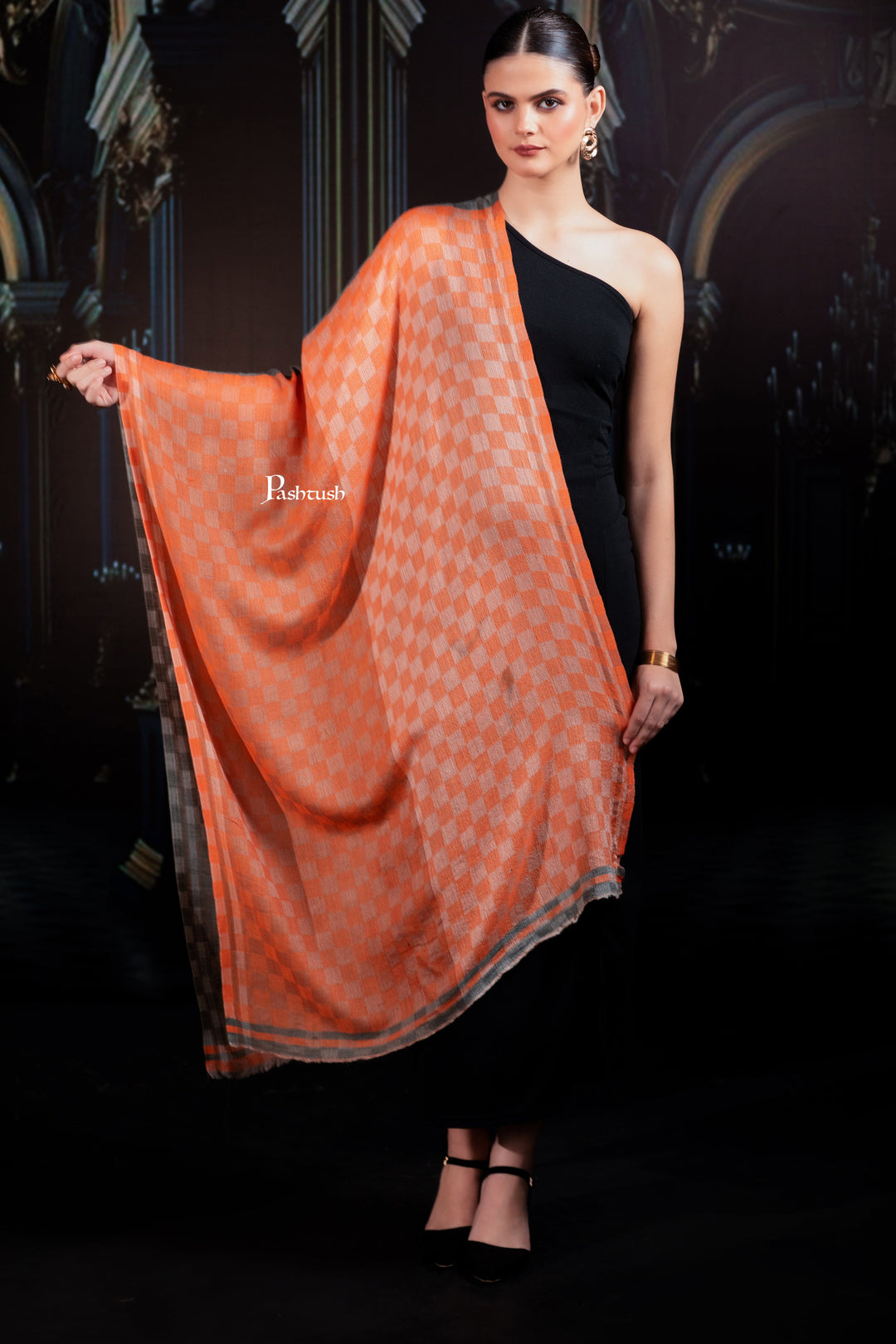 Pashtush India Womens Shawls Pashtush Womens Extra Fine Wool Stole, Twin Colour Weave Checkered Design, Amber And Grey