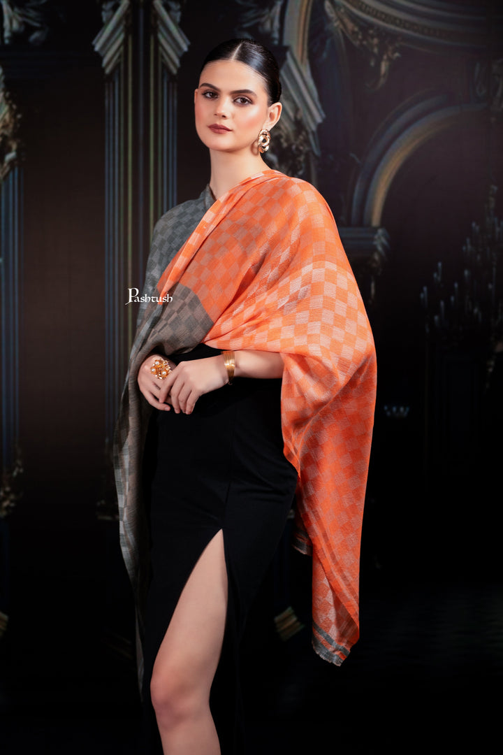Pashtush India Womens Shawls Pashtush Womens Extra Fine Wool Stole, Twin Colour Weave Checkered Design, Amber And Grey
