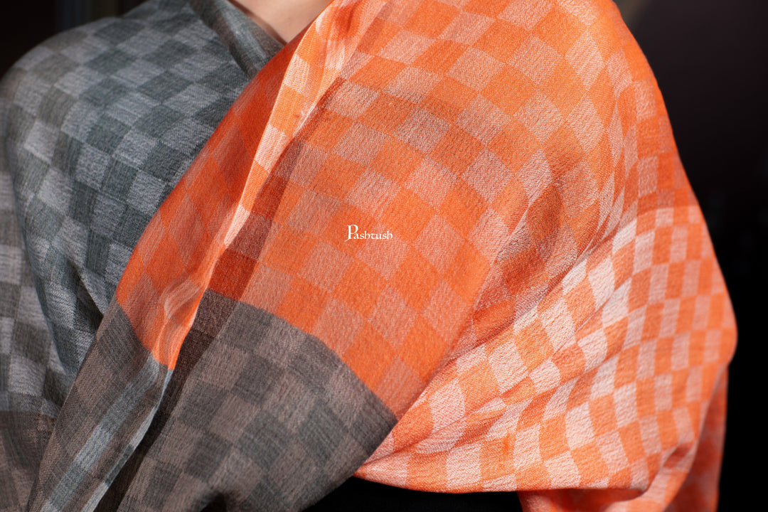Pashtush India Womens Shawls Pashtush Womens Extra Fine Wool Stole, Twin Colour Weave Checkered Design, Amber And Grey