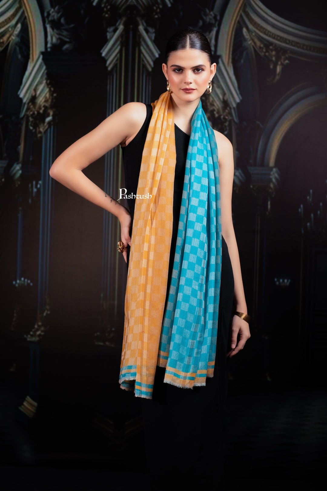 Pashtush India Womens Shawls Pashtush Womens Extra Fine Wool Stole, Twin Colour Weave Checkered Design, Sage And Teal