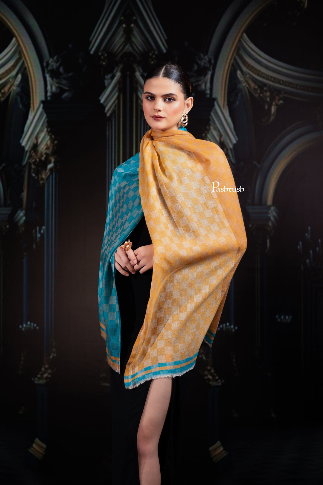 Pashtush India Womens Shawls Pashtush Womens Extra Fine Wool Stole, Twin Colour Weave Checkered Design, Sage And Teal