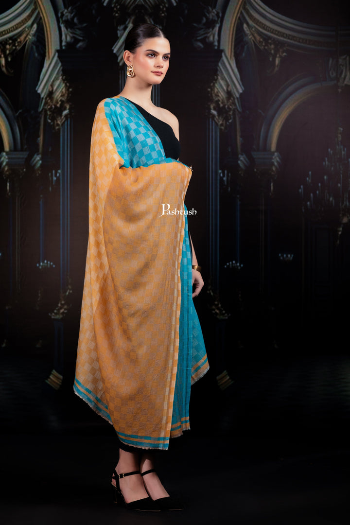 Pashtush India Womens Shawls Pashtush Womens Extra Fine Wool Stole, Twin Colour Weave Checkered Design, Sage And Teal
