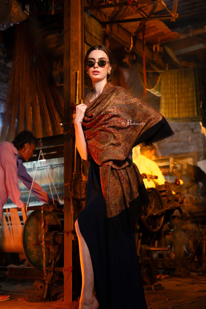 Pashtush India Womens Stoles Pashtush Womens Extra Fine Wool Stole, Ultra Soft Fine Wool Design, Black