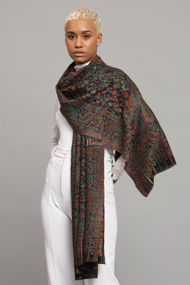 Pashtush India Womens Stoles Pashtush Womens Extra Fine Wool Stole, Woven Ethnic Weave  Design, Black