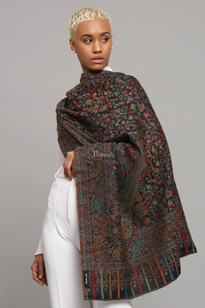 Pashtush India Womens Stoles Pashtush Womens Extra Fine Wool Stole, Woven Ethnic Weave  Design, Black