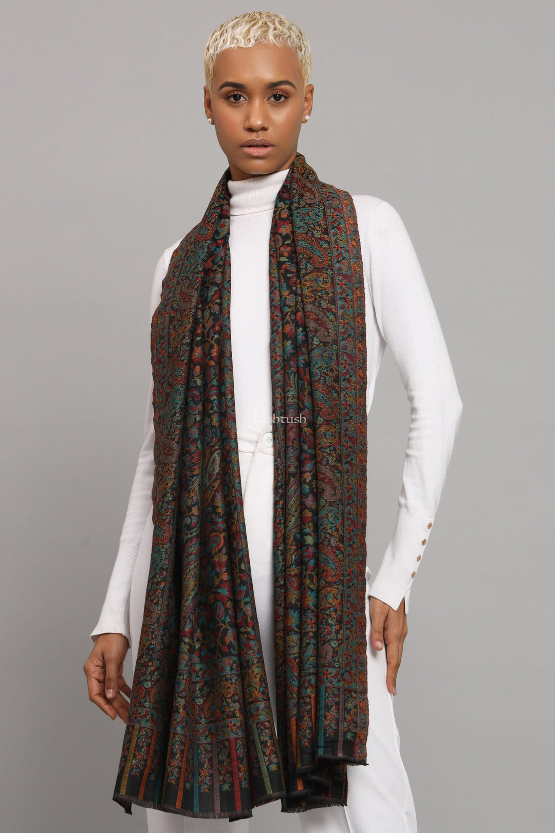 Pashtush India Womens Stoles Pashtush Womens Extra Fine Wool Stole, Woven Ethnic Weave  Design, Black