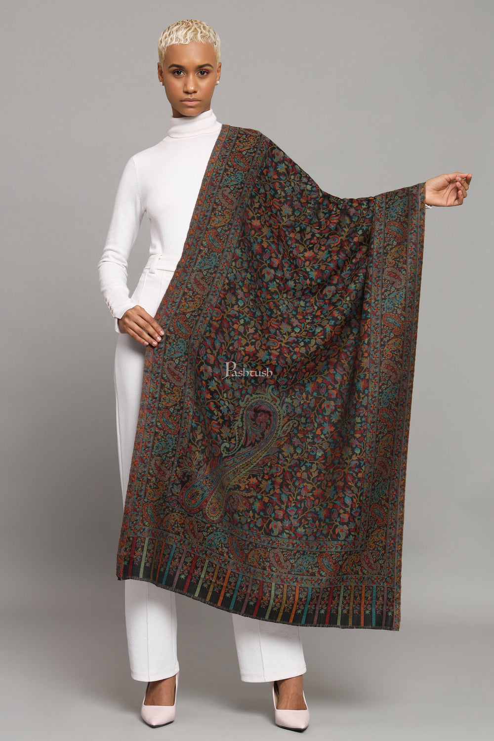 Pashtush India Womens Stoles Pashtush Womens Extra Fine Wool Stole, Woven Ethnic Weave  Design, Black