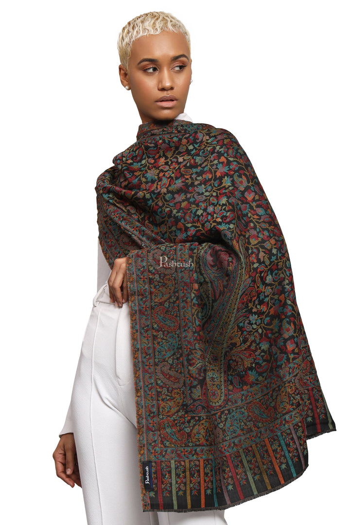 Pashtush India Womens Stoles Pashtush Womens Extra Fine Wool Stole, Woven Ethnic Weave  Design, Black