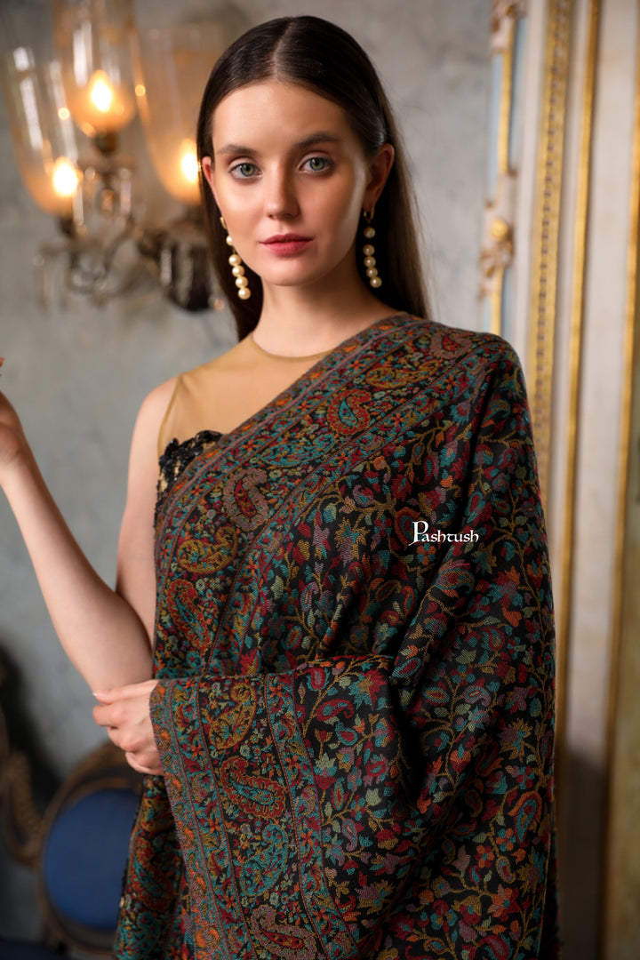 Pashtush India Womens Stoles Pashtush Womens Extra Fine Wool Stole, Woven Ethnic Weave  Design, Black