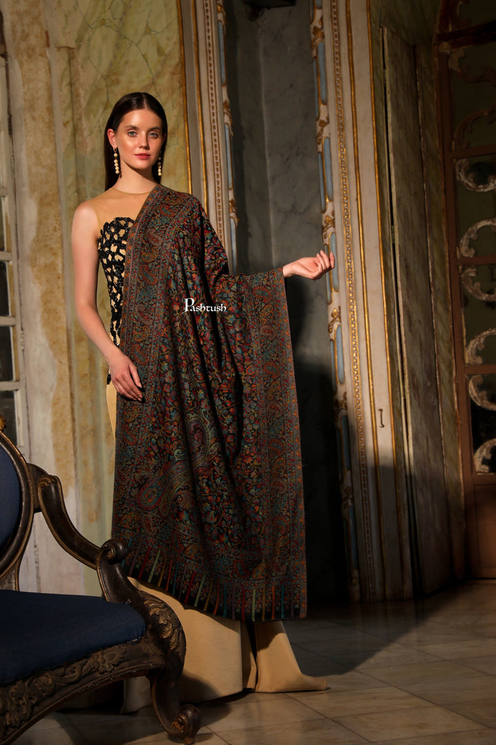 Pashtush India Womens Stoles Pashtush Womens Extra Fine Wool Stole, Woven Ethnic Weave  Design, Black