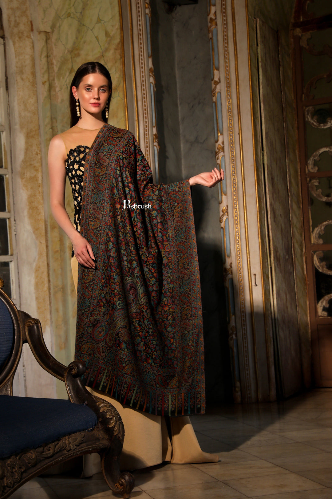 Pashtush India Womens Stoles Pashtush Womens Extra Fine Wool Stole, Woven Ethnic Weave  Design, Black