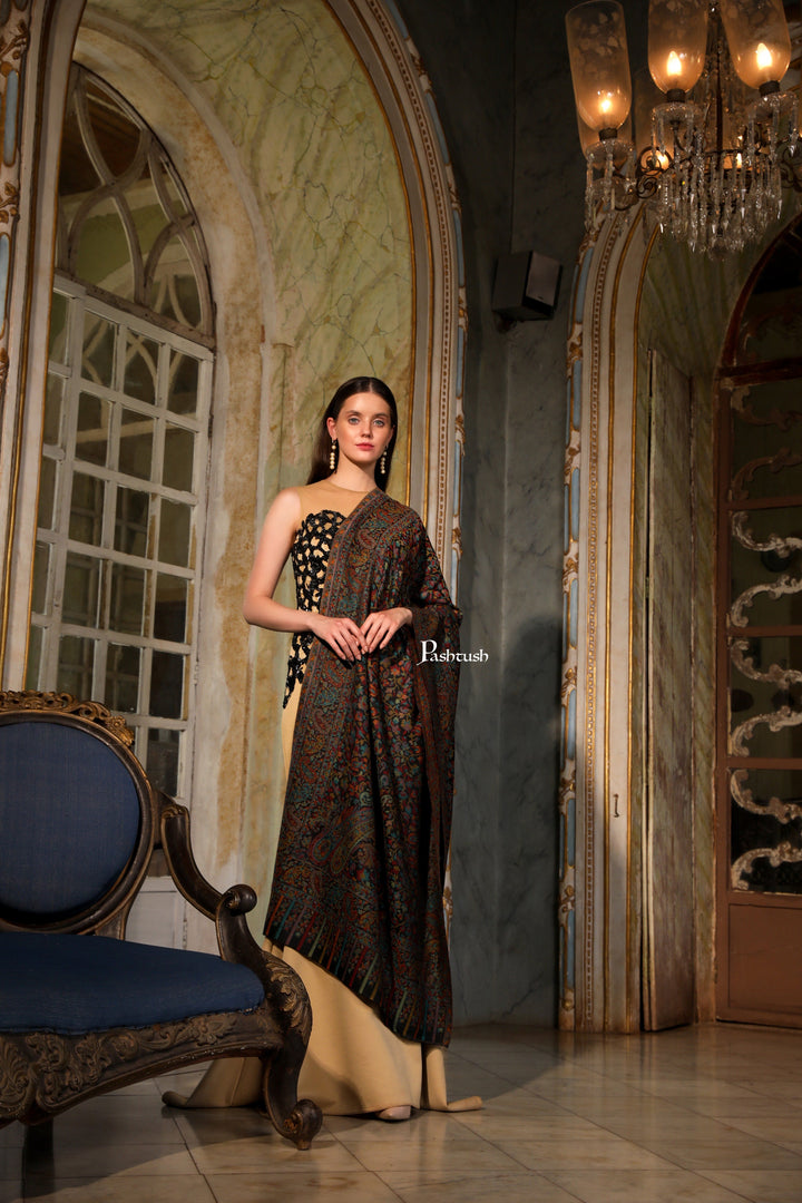 Pashtush India Womens Stoles Pashtush Womens Extra Fine Wool Stole, Woven Ethnic Weave  Design, Black