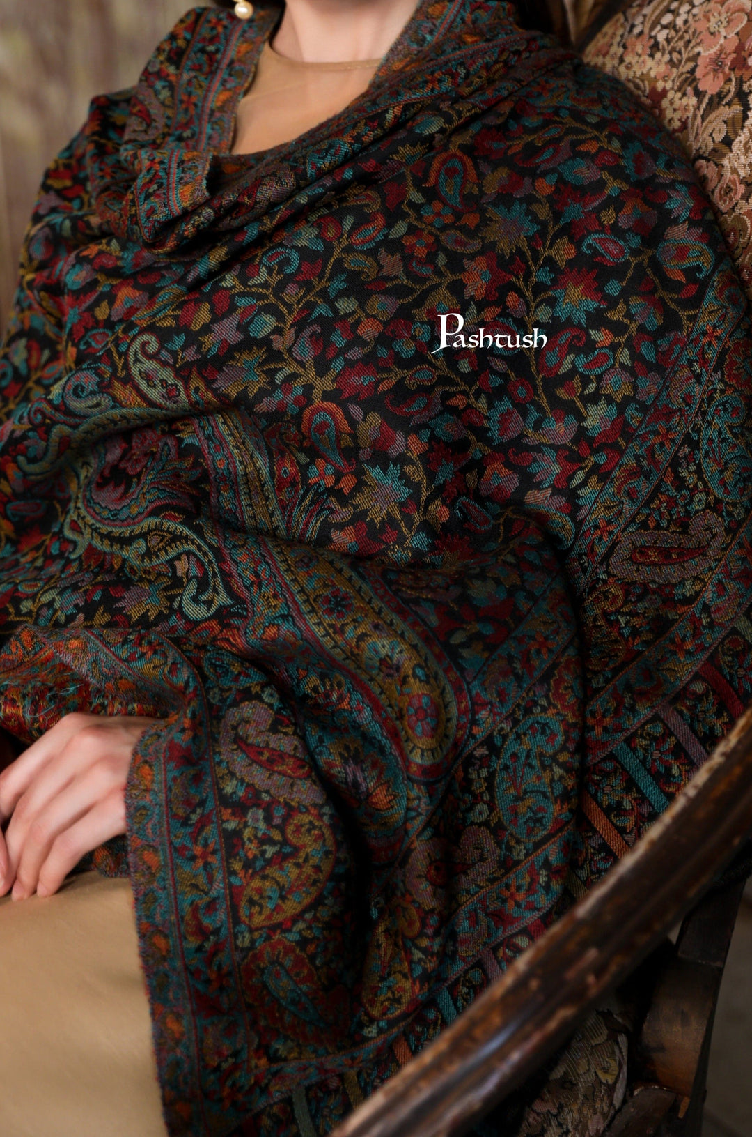 Pashtush India Womens Stoles Pashtush Womens Extra Fine Wool Stole, Woven Ethnic Weave  Design, Black