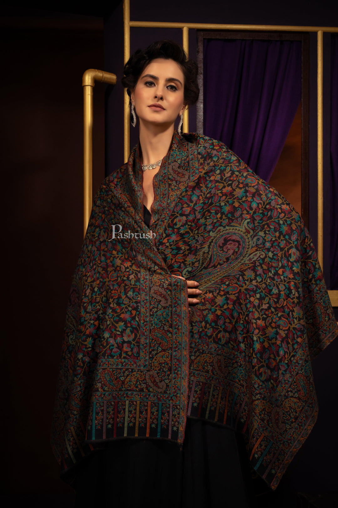 Pashtush India Womens Stoles Pashtush Womens Extra Fine Wool Stole, Woven Ethnic Weave  Design, Black