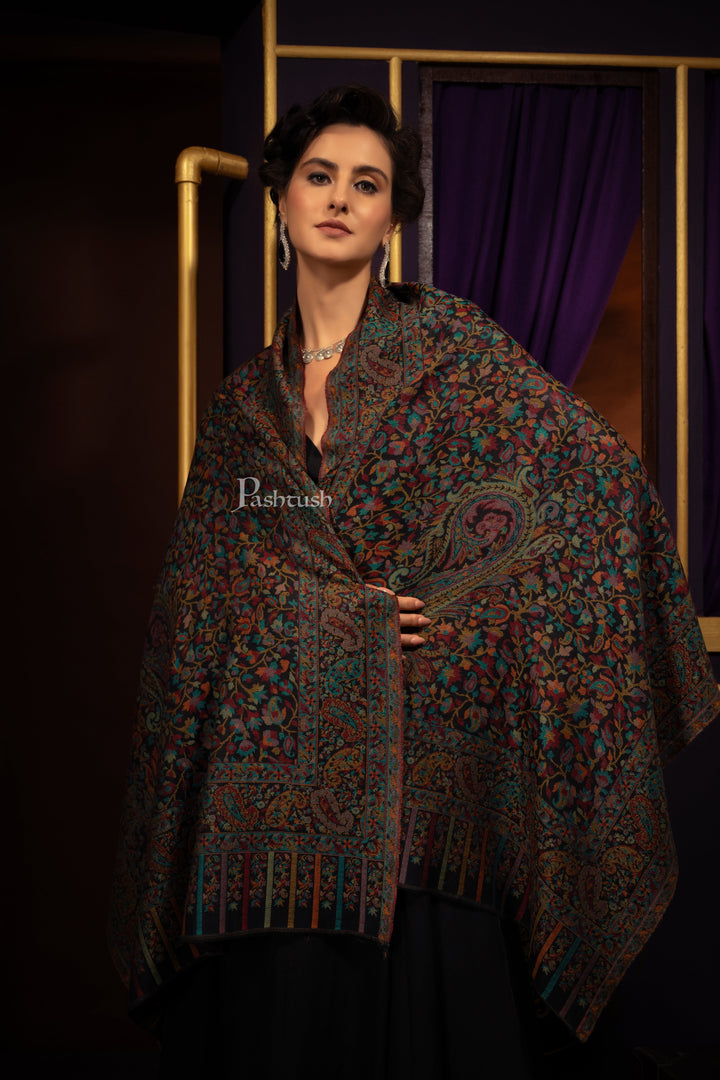 Pashtush India Womens Stoles Pashtush Womens Extra Fine Wool Stole, Woven Ethnic Weave  Design, Black