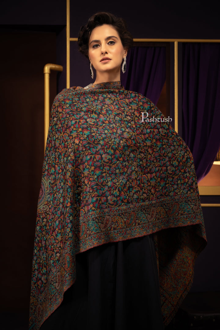 Pashtush India Womens Stoles Pashtush Womens Extra Fine Wool Stole, Woven Ethnic Weave  Design, Black