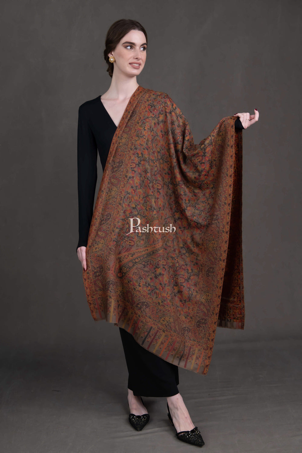 Pashtush India Womens Stoles Pashtush Womens Extra Fine Wool Stole, Woven Ethnic Weave Design, Taupe