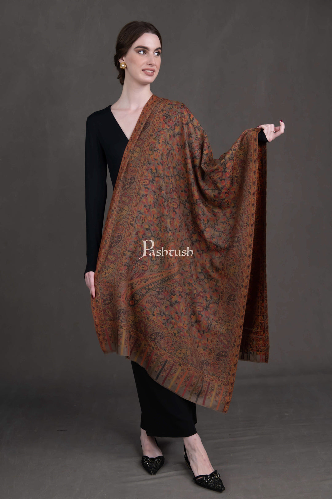 Pashtush India Womens Stoles Pashtush Womens Extra Fine Wool Stole, Woven Ethnic Weave Design, Taupe