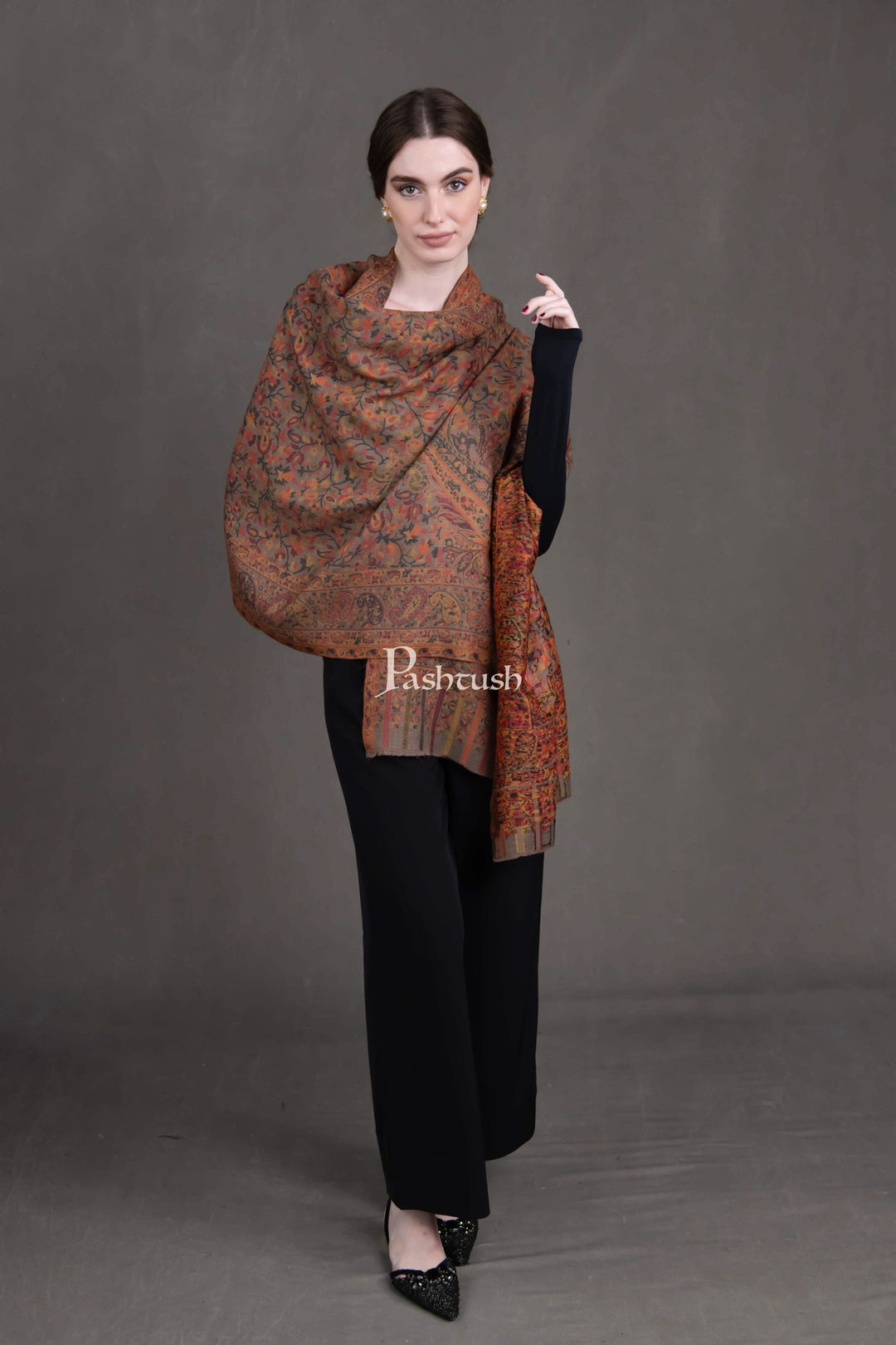 Pashtush India Womens Stoles Pashtush Womens Extra Fine Wool Stole, Woven Ethnic Weave Design, Taupe