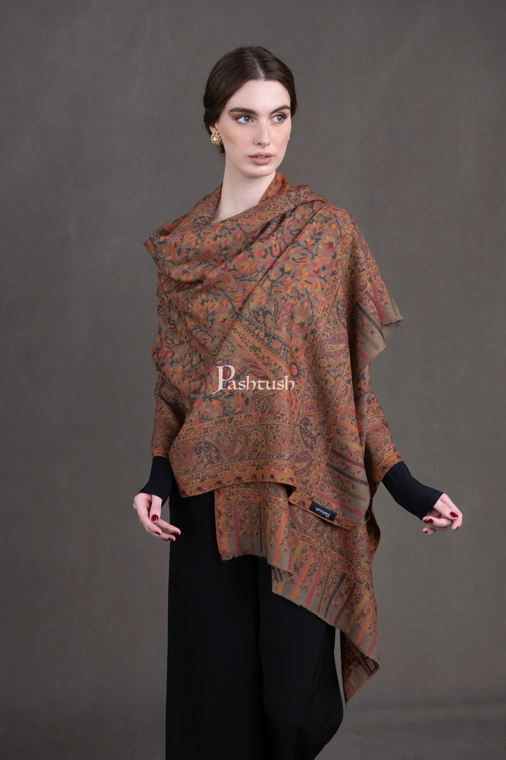 Pashtush India Womens Stoles Pashtush Womens Extra Fine Wool Stole, Woven Ethnic Weave Design, Taupe