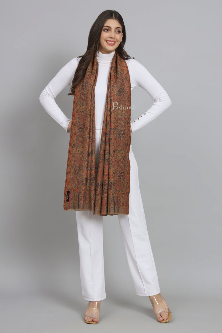 Pashtush India Womens Stoles and Scarves Scarf Pashtush Womens Extra Fine Wool Stole, Woven Ethnic Weave Design, Taupe