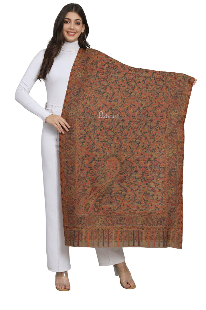 Pashtush India Womens Stoles and Scarves Scarf Pashtush Womens Extra Fine Wool Stole, Woven Ethnic Weave Design, Taupe