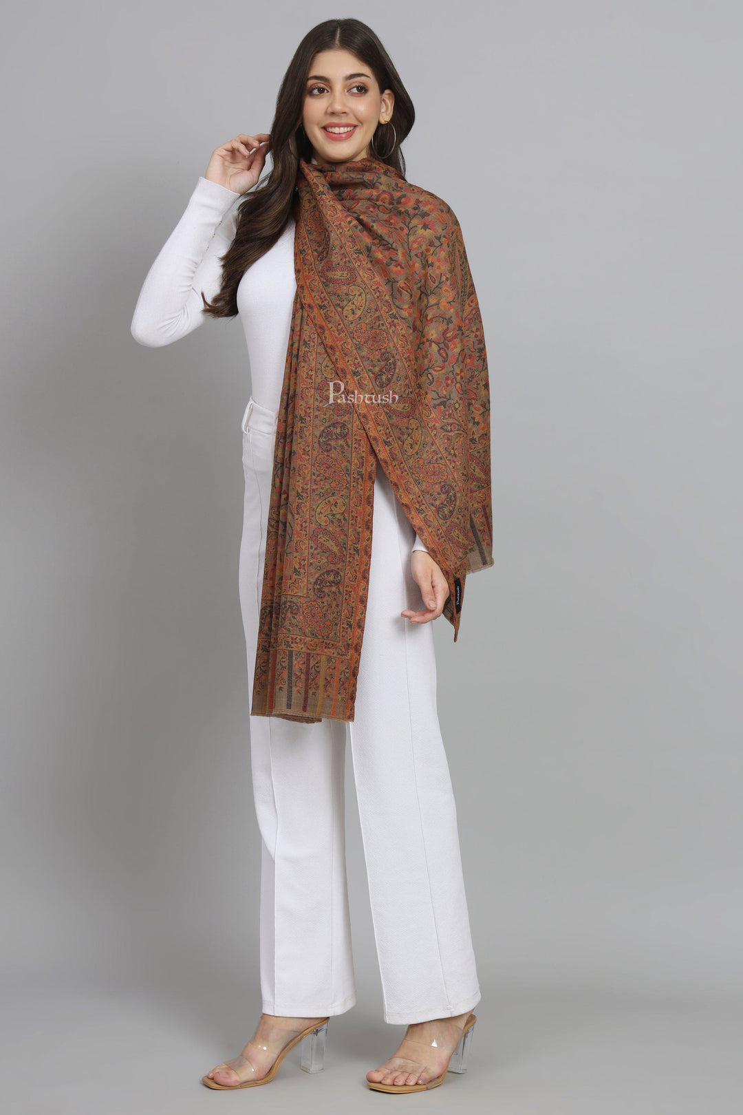 Pashtush India Womens Stoles and Scarves Scarf Pashtush Womens Extra Fine Wool Stole, Woven Ethnic Weave Design, Taupe