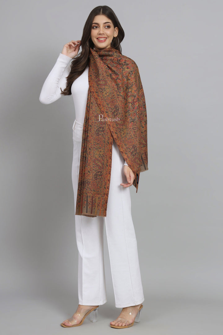 Pashtush India Womens Stoles and Scarves Scarf Pashtush Womens Extra Fine Wool Stole, Woven Ethnic Weave Design, Taupe