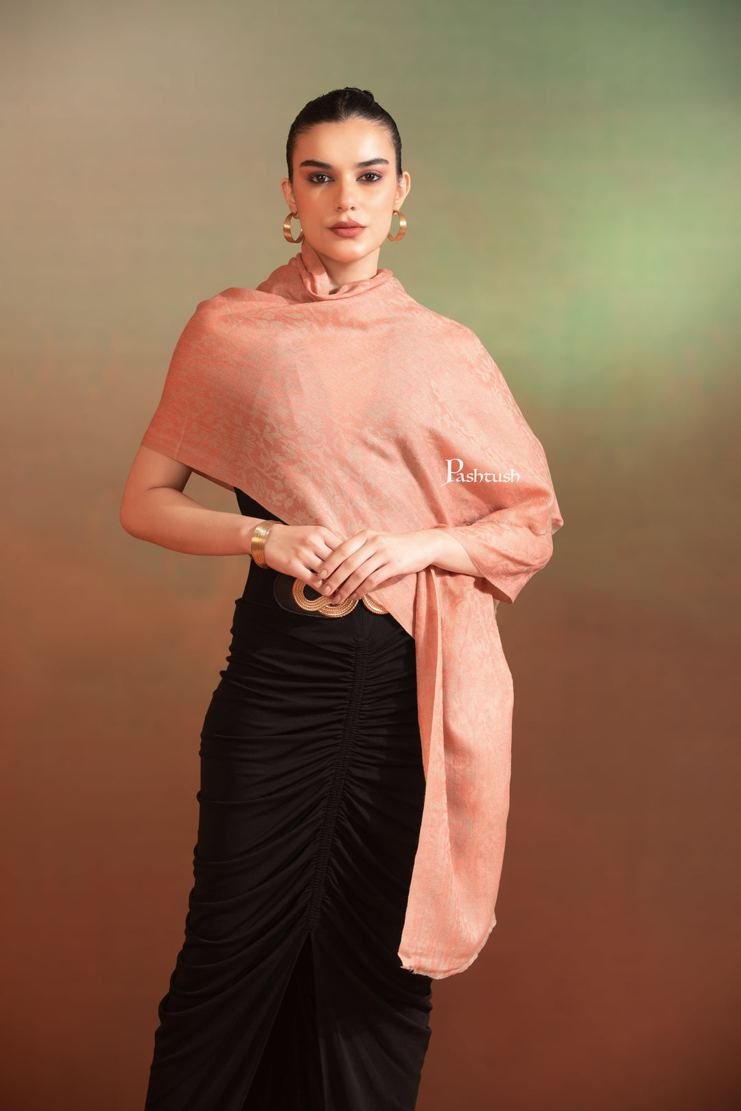 Pashtush India Womens Stoles and Scarves Scarf Pashtush Womens Extra Fine Wool Stole, Woven Floral, Subtle Design, maroon