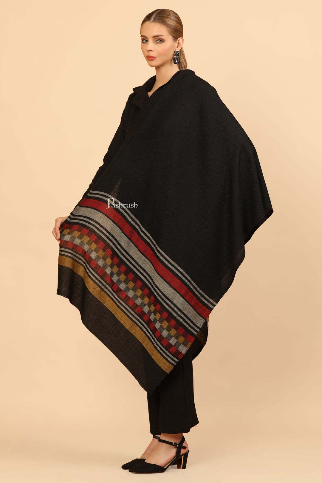 Pashtush India Womens Stoles and Scarves Scarf Pashtush Womens Extra Fine Wool Stole, Woven Geometric Design, Black