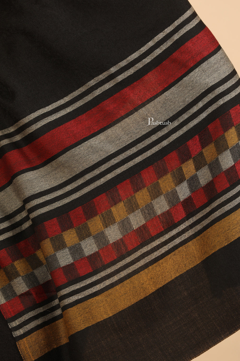 Pashtush India Womens Stoles and Scarves Scarf Pashtush Womens Extra Fine Wool Stole, Woven Geometric Design, Black