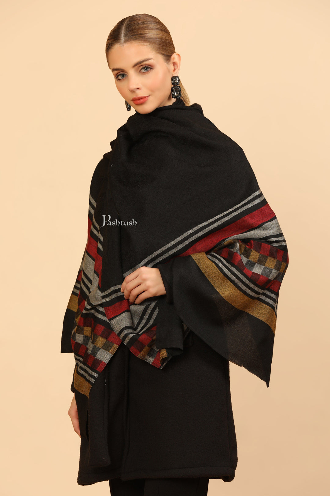 Pashtush India Womens Stoles and Scarves Scarf Pashtush Womens Extra Fine Wool Stole, Woven Geometric Design, Black