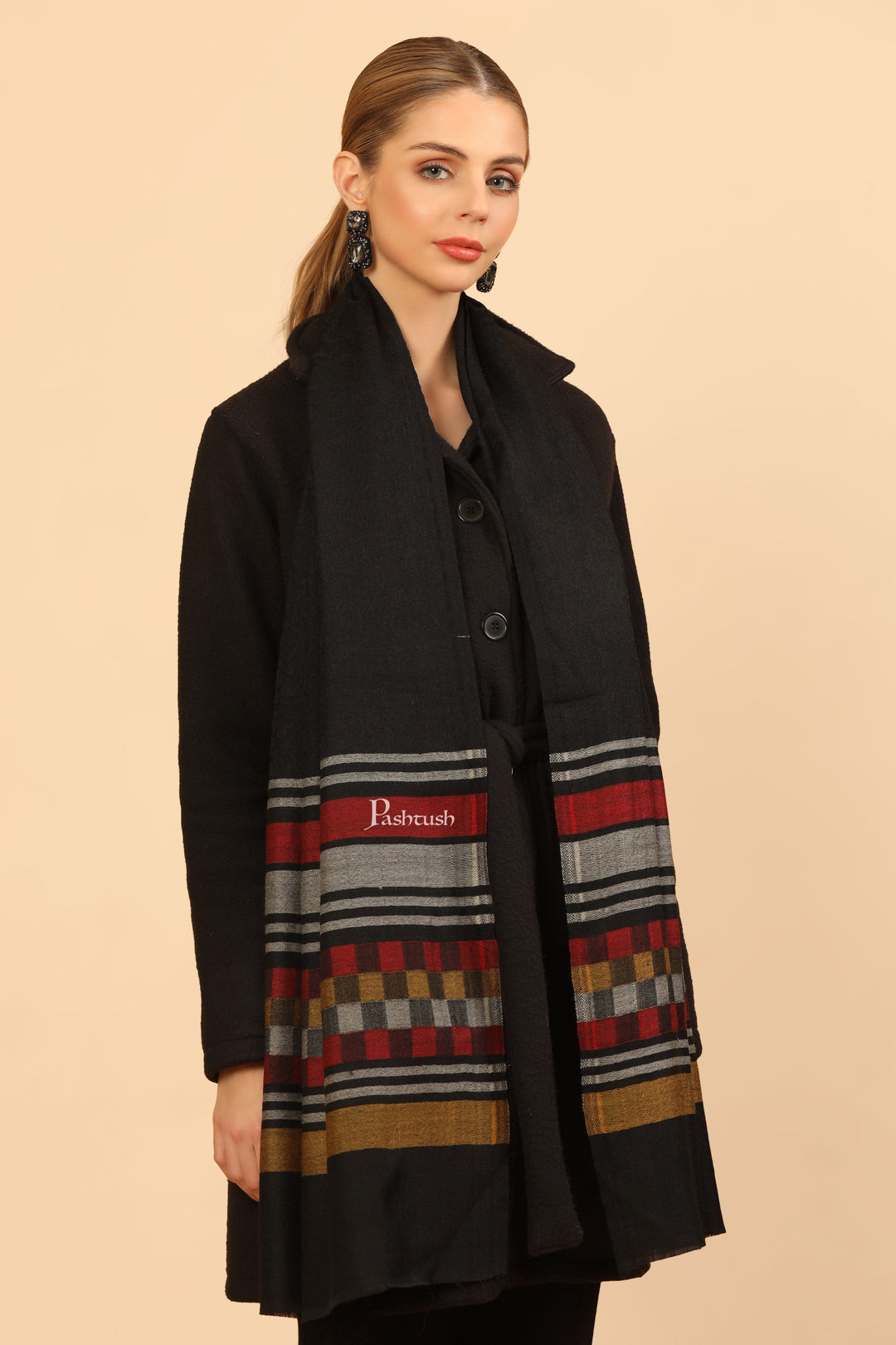 Pashtush India Womens Stoles and Scarves Scarf Pashtush Womens Extra Fine Wool Stole, Woven Geometric Design, Black