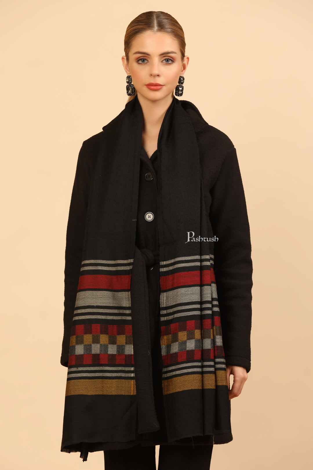 Pashtush India Womens Stoles and Scarves Scarf Pashtush Womens Extra Fine Wool Stole, Woven Geometric Design, Black