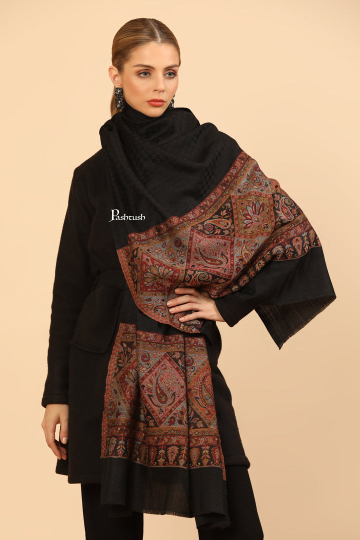 Pashtush India Womens Stoles Pashtush Womens Extra Fine Wool Stole, Woven Geometric Design, Black