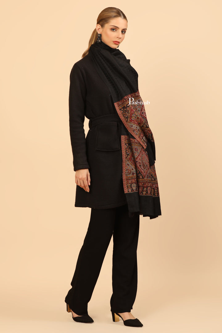 Pashtush India Womens Stoles Pashtush Womens Extra Fine Wool Stole, Woven Geometric Design, Black