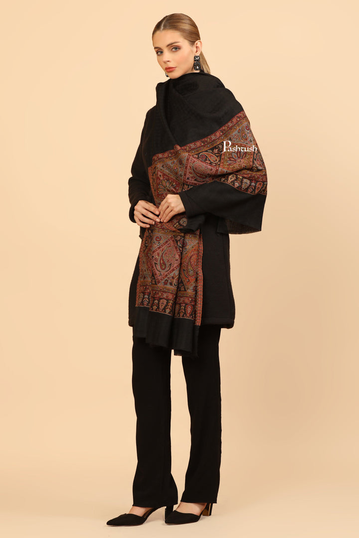 Pashtush India Womens Stoles Pashtush Womens Extra Fine Wool Stole, Woven Geometric Design, Black