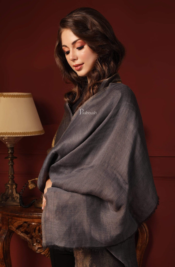 Pashtush India Womens Shawls Pashtush Womens, Extra Fine Wool, Twilight Shawl, With Shimmery Zari Thread Weave, Grey Gold