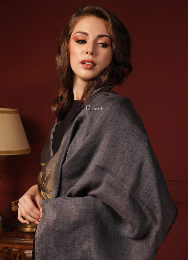 Pashtush India Womens Shawls Pashtush Womens, Extra Fine Wool, Twilight Shawl, With Shimmery Zari Thread Weave, Grey Gold