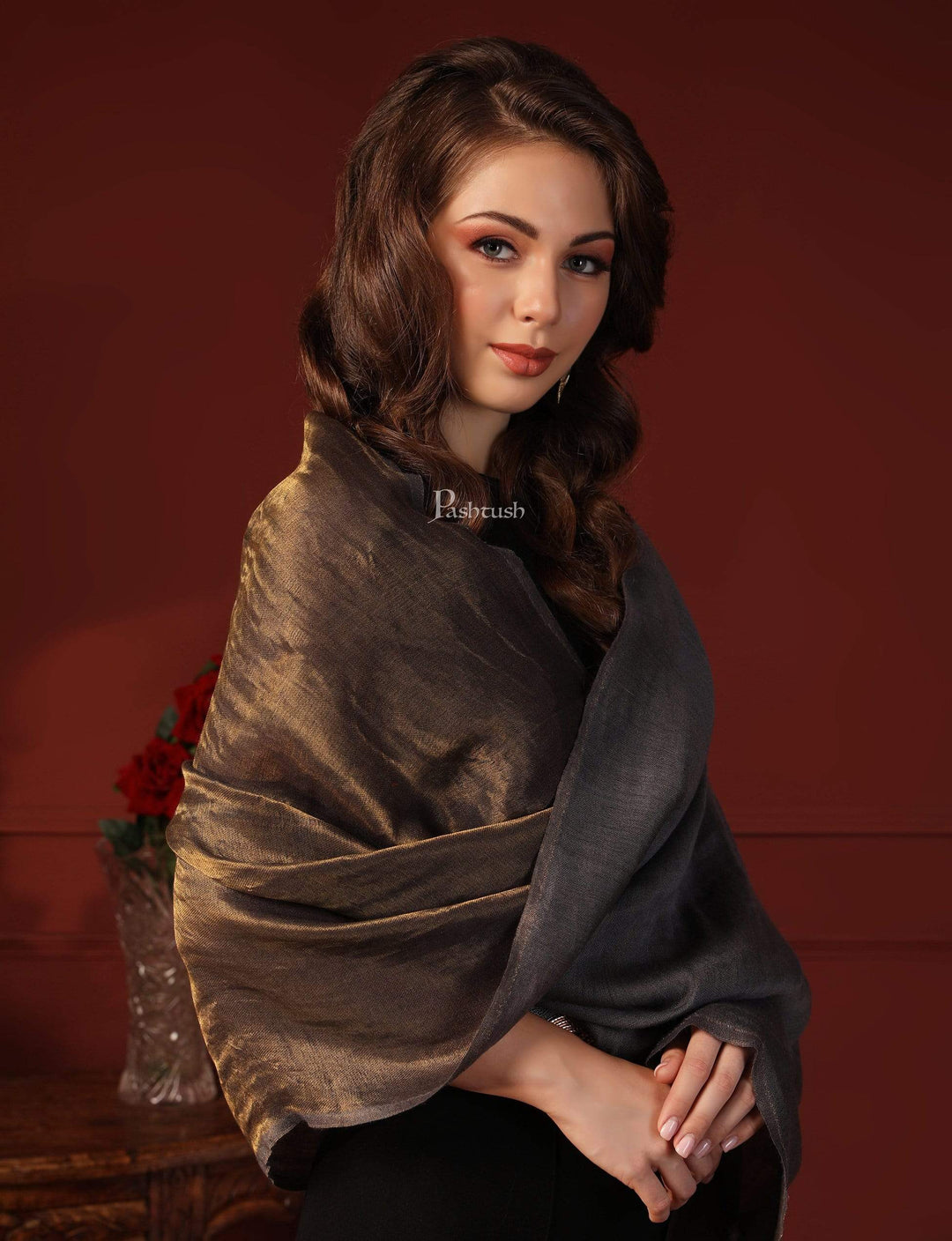 Pashtush India Womens Shawls Pashtush Womens, Extra Fine Wool, Twilight Shawl, With Shimmery Zari Thread Weave, Grey Gold